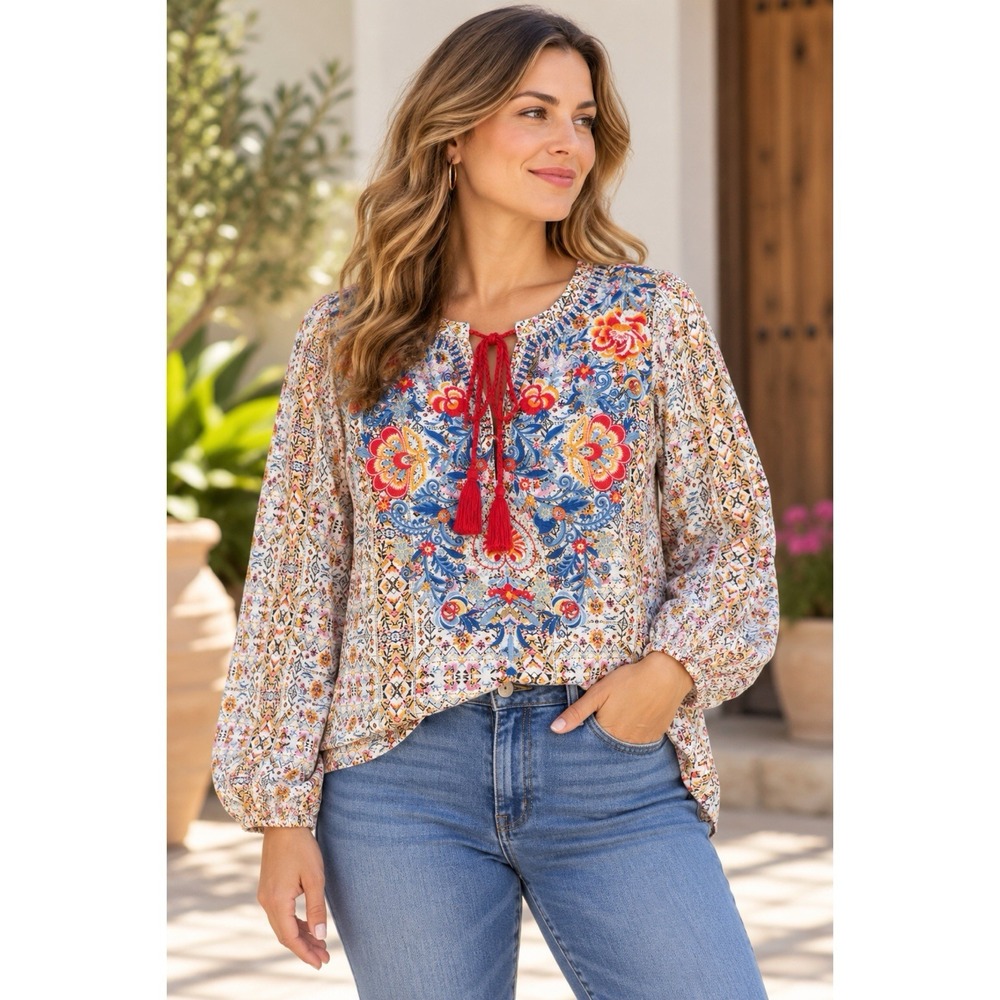 Savanna Jane Size Medium Boho Embroidered Peasant Blouse Floral Tassel Top